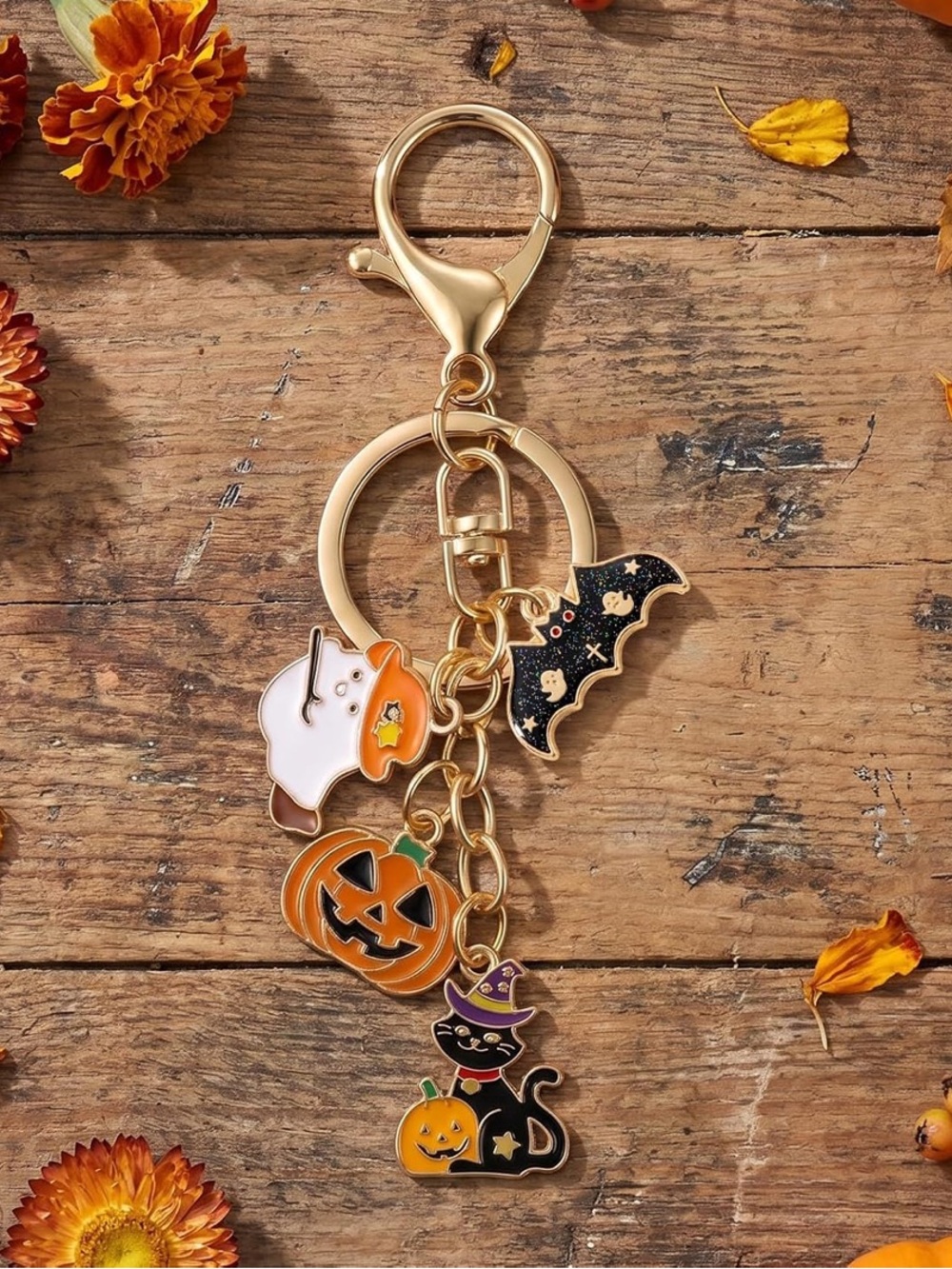 Halloween Charm Keychain - Gold Tone with Orange, Black, White Charms - Picture 4 of 6